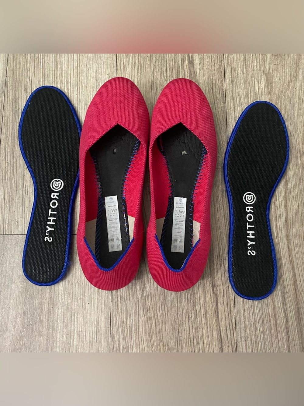 Rothy's Bright Pink Knit V-Cut Flats with Blue Trim - Picture 10 of 12
